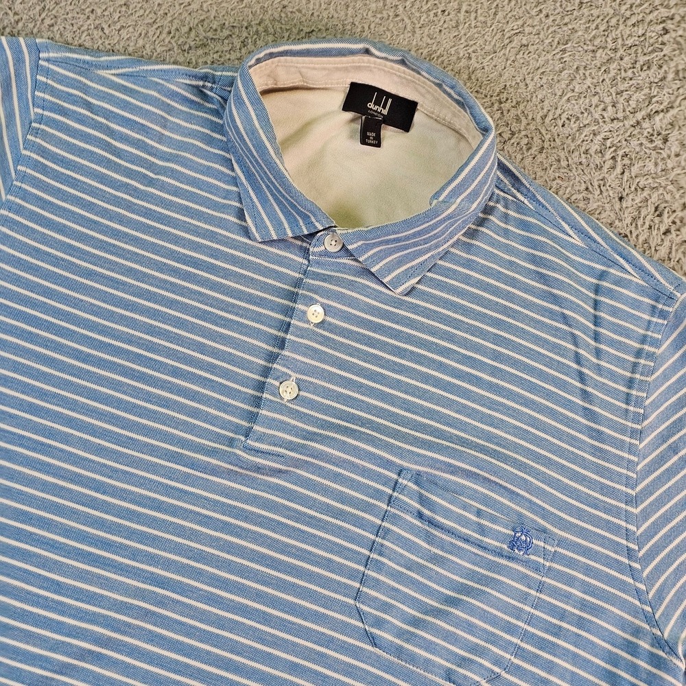 Dunhill Polo Shirt Mens 3XL Blue White Striped Mulberry Silk Chest Pocket